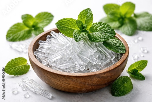 Close up of crystal menthol and peppermint leaf in bowl with white backdrop