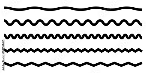 Wave line and wavy zigzag pattern lines. Vector black underlines, Geometric decoration element. smooth end squiggly horizontal, squiggles on white background.