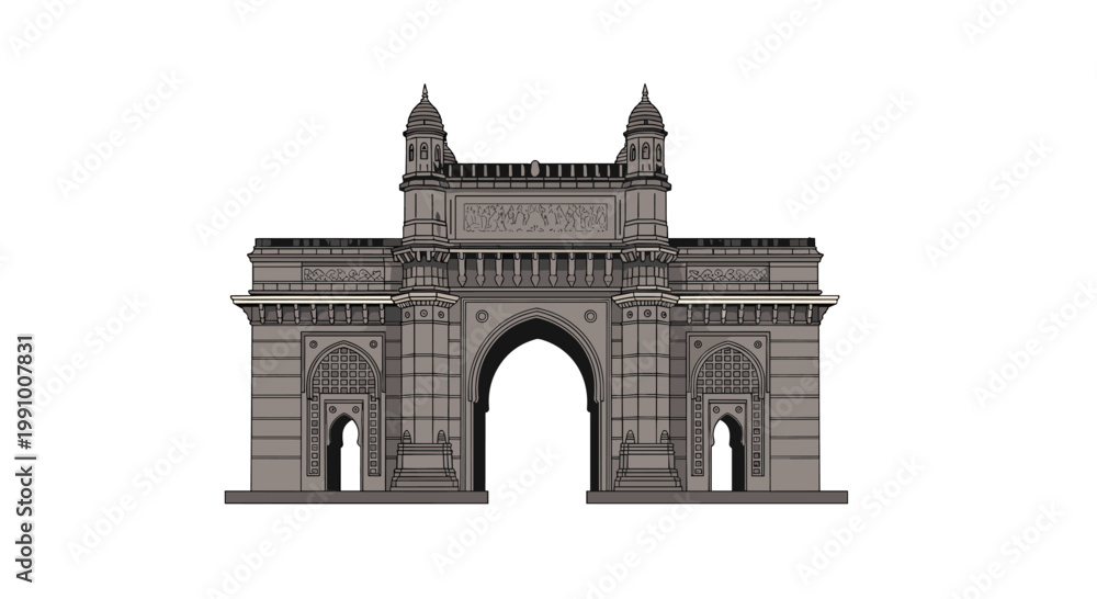 Obraz premium The historic Gateway of India monument in Mumbai stands with majestic architectural grandeur featuring intricate stone carvings and grand arches against a white background.