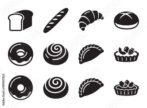 Bakery vector icons collection bread croissant pastry donut food illustration.