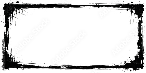Distressed black grunge border frame on white background with ink splatters, scratches, rough paint texture, and abstract vintage dirty edges for photo overlays and graphic design use.