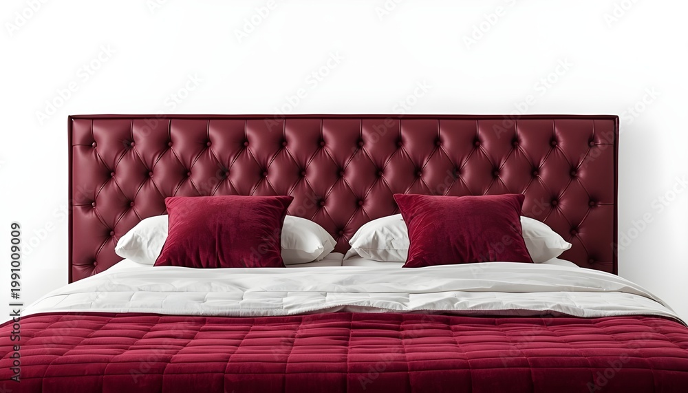 Fototapeta premium A luxurious red bed with a tufted headboard and matching bedding against a white background