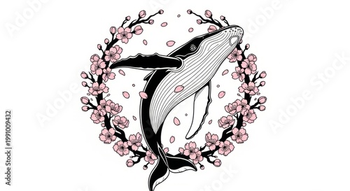 Humpback Whale Cherry Blossom Wreath Illustration