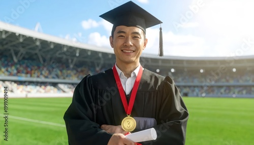 Asian Graduate Student Celebrates Achievement in Graduation Gown and Cap.