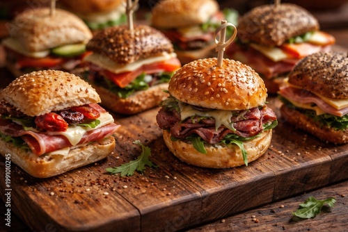 Macro shot of a wooden serving board showcasing a selection of gourmet bite sized sandwiches in an inviting layout