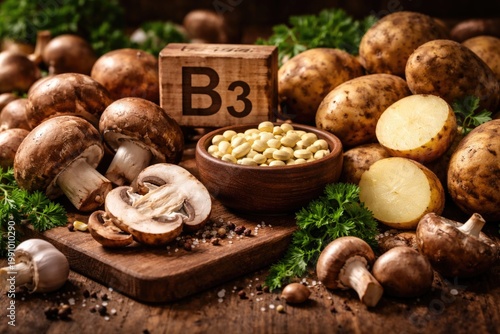 Mushrooms and potatoes providing essential vitamin B3 benefits