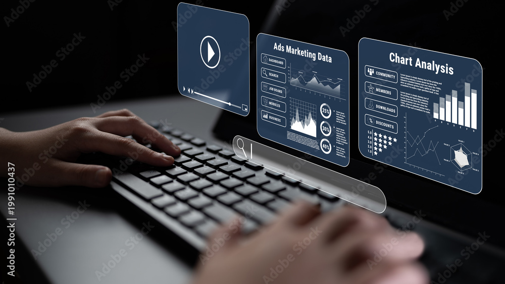 Obraz premium Person Using Laptop with Digital Marketing Dashboard and Charts for Data Analysis in a Modern Office Environment Quark.