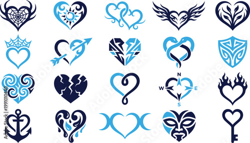 Collection of twenty abstract hearts in blue and dark blue colors with diverse designs.