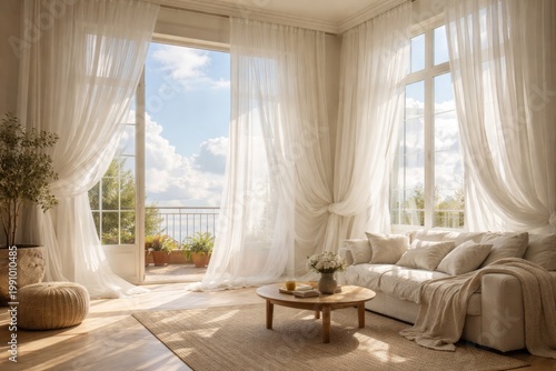 Sunlit airy interior featuring translucent white drapes and a serene cloudy sky creating a tranquil ambiance