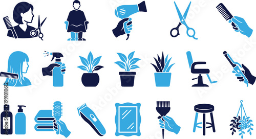 Assorted twenty professional hair salon and barber tools and accessories in blue and dark blue.