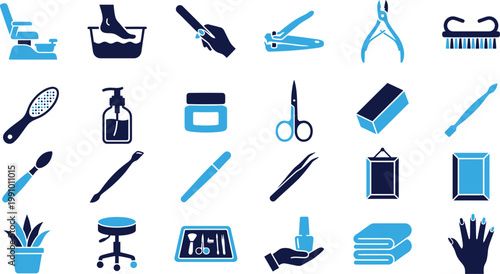 Collection of blue and dark blue icons for beauty and personal care salon services.