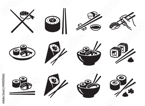 Sushi and maki roll icons set with chopsticks and soy sauce bowl japanese food vector illustration.