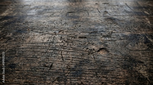 Dark wooden surface with scratches and marks