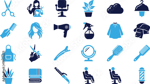 Professional hair salon and barber shop equipment icons in blue and dark blue.