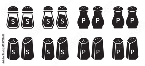 Salt and pepper shakers vector illustration set seasoning spice kitchen cooking elements.