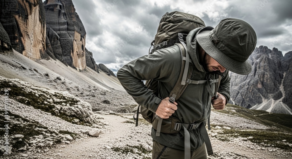 Fototapeta premium Hiker Adjusting Backpack on Rugged Mountain Path