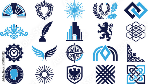 Assorted set of professional blue and navy emblems crests and heraldic symbols.