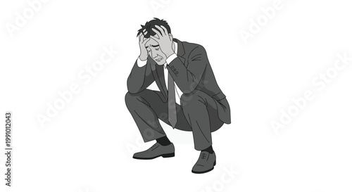 Stressed businessman in a suit crouching while holding his head in total despair and deep misery