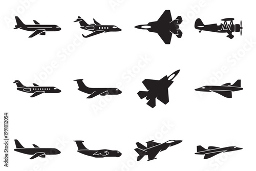 Airplane and fighter jet silhouettes collection with various aircraft models in vector illustration.