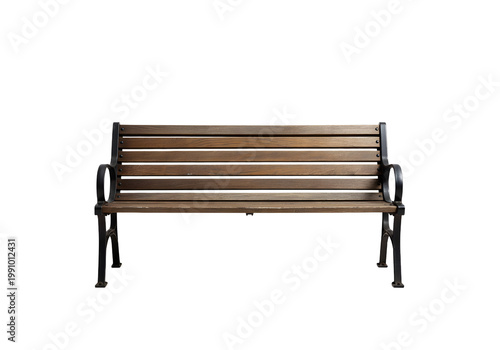 Classic wooden park bench with wrought iron frame, isolated on black minimal background, inviting contemplation and rest