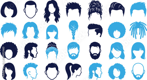 Variety of hairstyles and haircuts for men and women isolated on white background graphic.