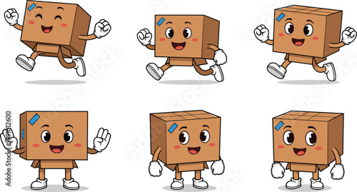 Cartoon illustrated cardboard boxes with expressive faces arms legs gloves shoes showing joyful running jumping waving playful packaging character artwork