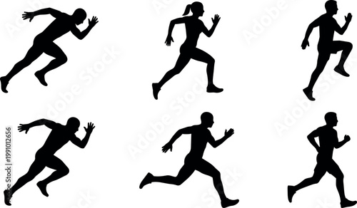 Black silhouette runner and jogging motion figures vector art set