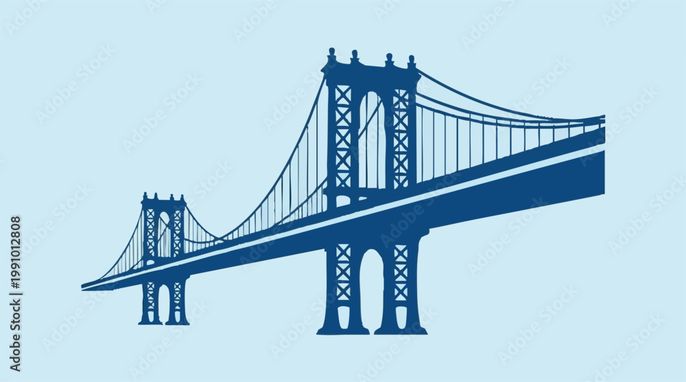 Fototapeta premium Vector illustration of a suspension bridge silhouette on light blue