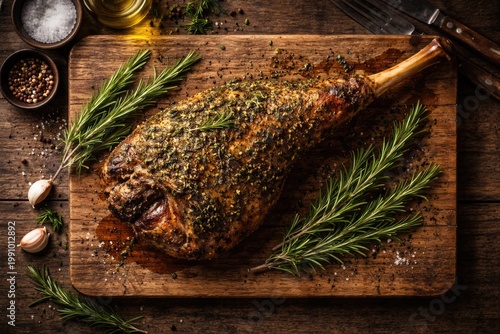Top down view of a rustic wooden chopping board with herb crusted roasted lamb leg and rosemary sprigs creating copy space