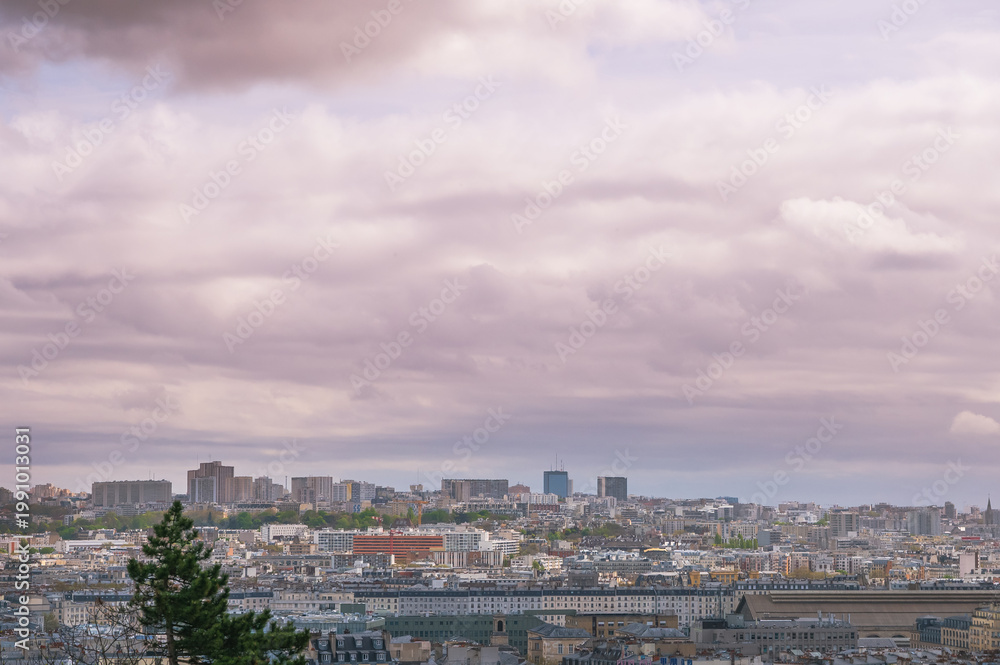 Fototapeta premium Panoramic view of Paris cityscape with cloudy sky and distant buildings