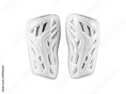 Pair of White Sport Protective Shin Pads with Modern Design on Black Background for Athletic Safety Gear