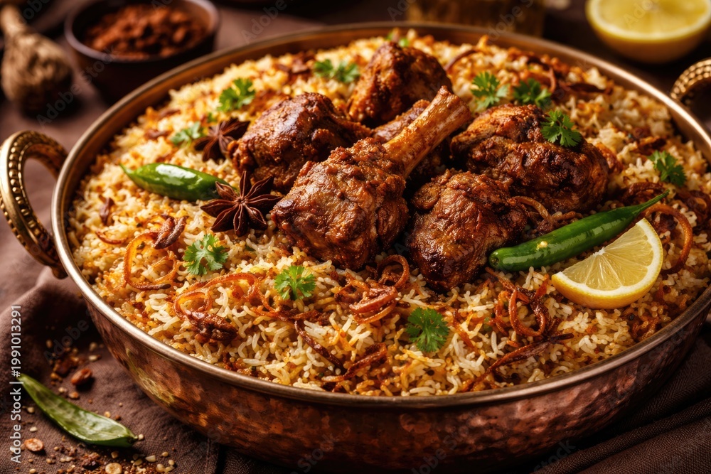 Fototapeta premium Savory meat biryani featuring tender mutton and vibrant spices