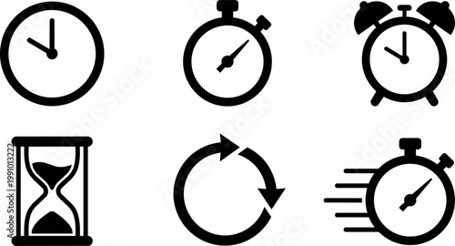 Black and white clock hourglass and stopwatch icon set with speed and reload symbols