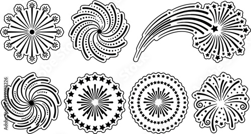 Black and white starburst fireworks shapes vector art set