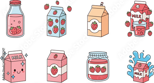 Cute strawberry milk carton and glass bottle icon set with kawaii characters fruit splash and pink dairy drink for stickers
