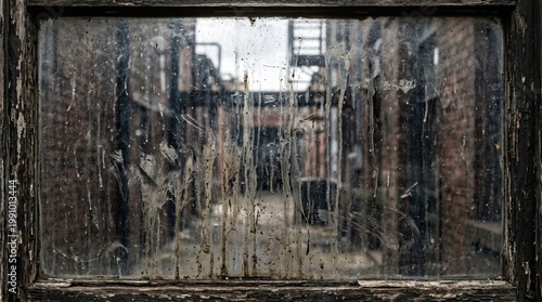 Dirty grimy window looking out to a blurred alleyway with brick buildings