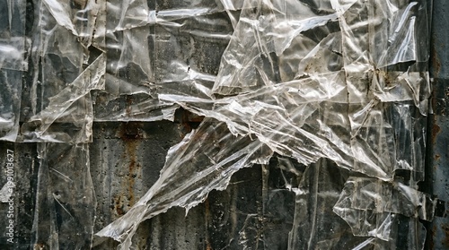 Torn plastic sheet on a corrugated metal wall background texture