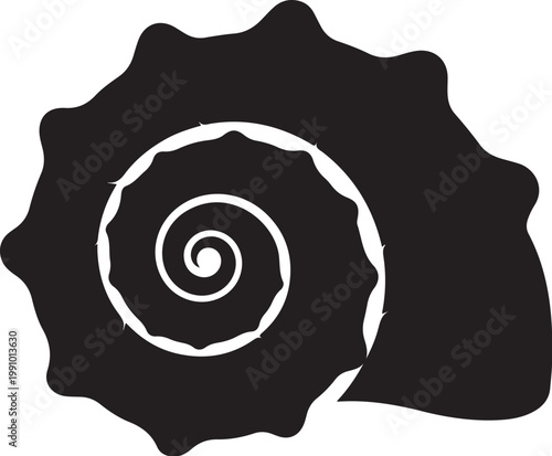 Black snail shell icon, spiral vector symbol, dark silhouette graphic, animal illustration