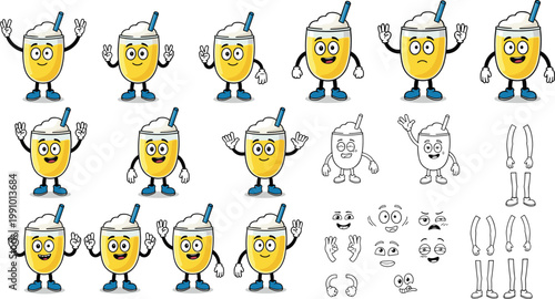 Kawaii smoothie drink character mascot set with cute yellow fruit juice glass featuring funny facial expressions for sticker design
