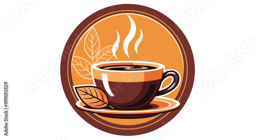 Illustration of a steaming cup of coffee on a saucer with a leaf