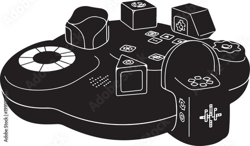 Black gaming controller, video game remote, vector illustration, joystick and buttons