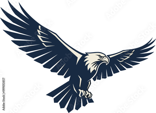 Majestic bald eagle flying mascot vector illustration with spreading wings isolated on white background for patriotic and sports logo design