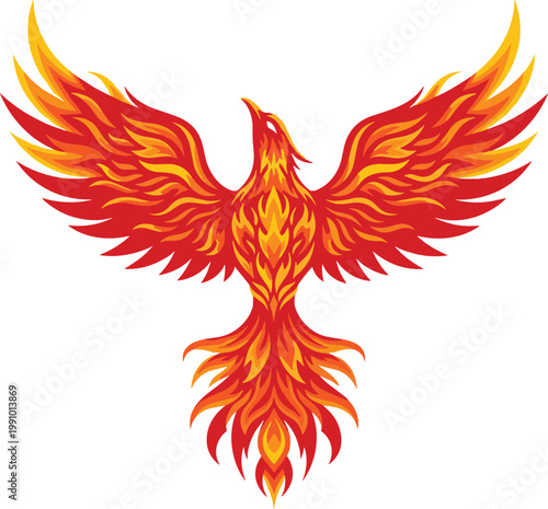 Majestic fire phoenix bird vector illustration with spreading wings and flaming feathers isolated on white background for mythological logo design
