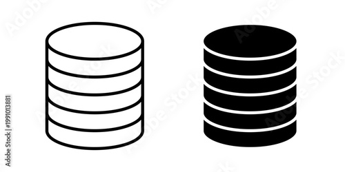 Database icon in stroke and solid fill styles, isolated on white background. Ideal for data storage, server systems, and backend technology interfaces.