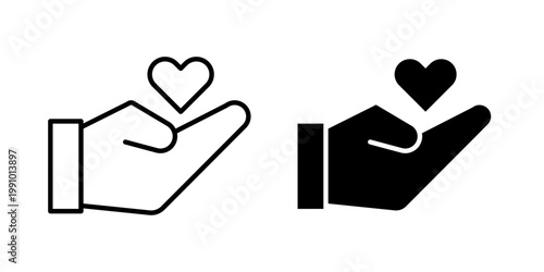 Donate icon in stroke and solid fill styles, isolated on white background. Ideal for charity platforms, fundraising campaigns, and payment interfaces.