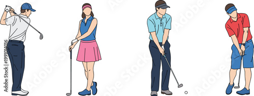 Professional golf players set with men and women golfers in different hitting poses and sports outfits for tournament competition designs