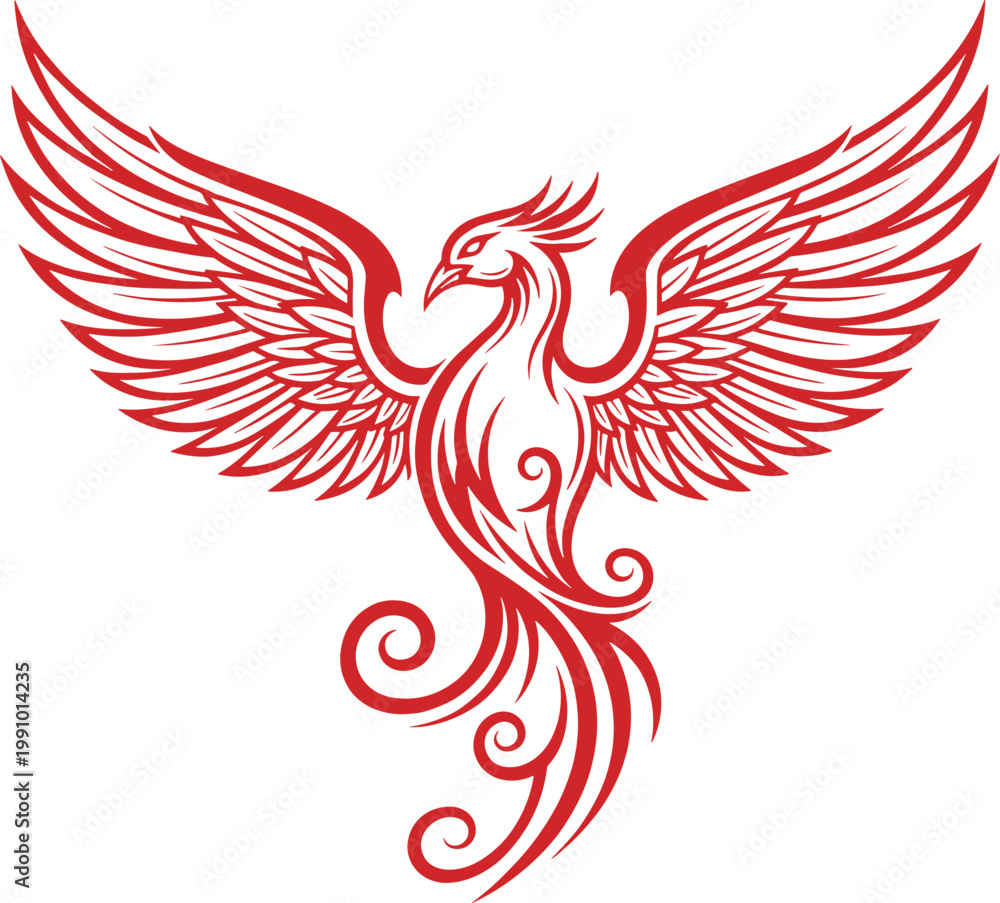 Fototapeta premium Red phoenix bird tribal vector illustration with elegant spreading wings and swirls isolated on white background for mythological logo design