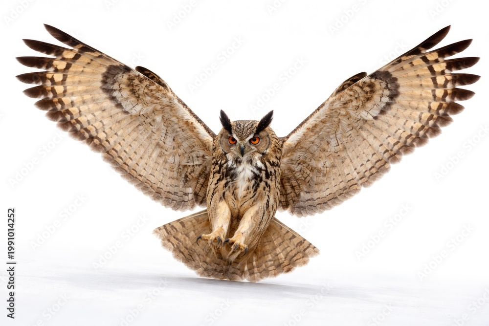 Fototapeta premium Majestic eagle owl landing gracefully with wings spread wide on white background