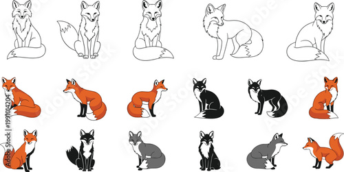 Red fox silhouettes and line art vector icons set isolated on white background for wildlife nature logo and animal design concepts