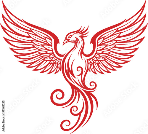 Red phoenix bird tribal vector illustration with elegant spreading wings and swirls isolated on white background for mythological logo design